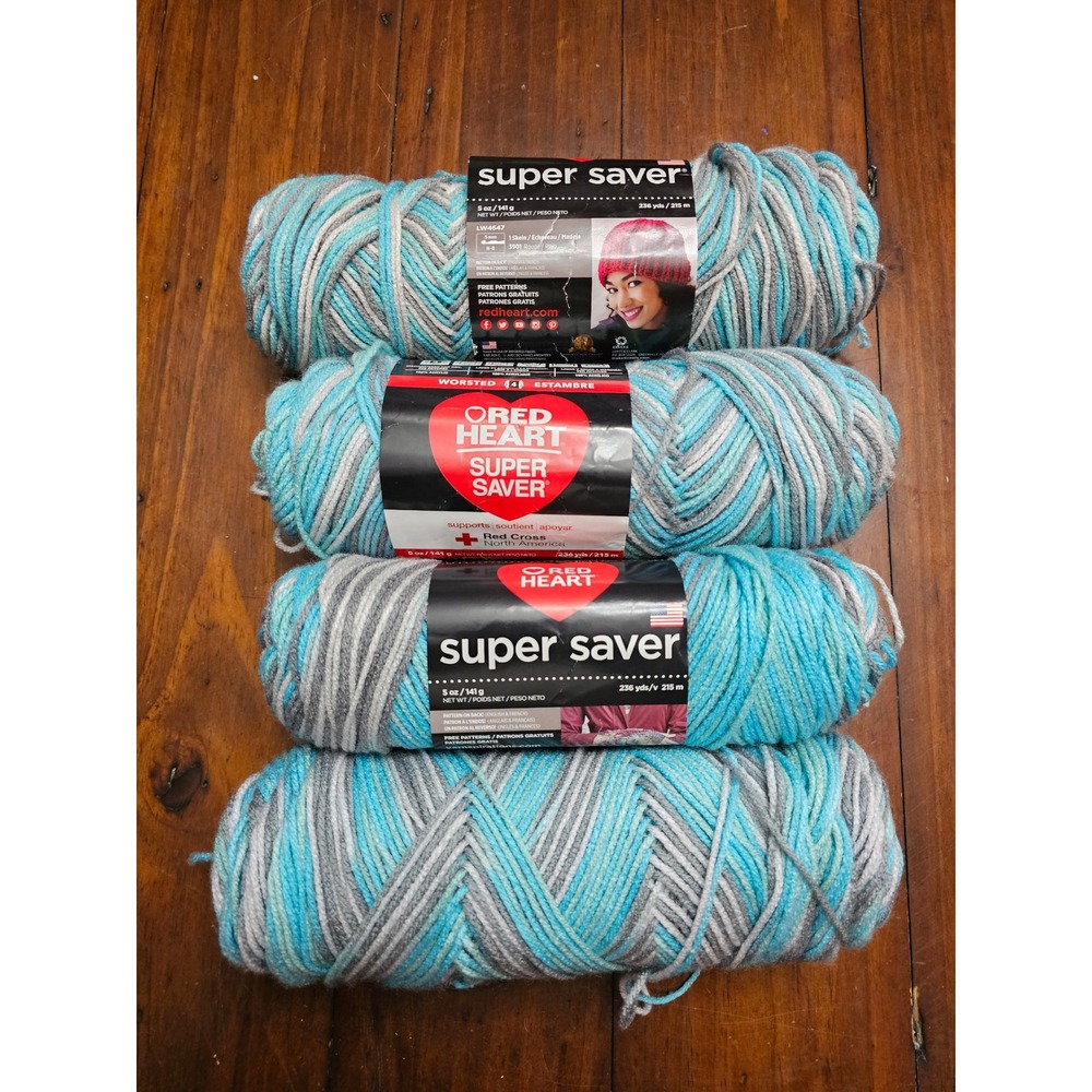 Red Heart Super Saver Yarn Icelandic Blue Grey White Worsted 4 Skeins Lot 5oz